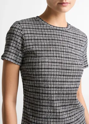 PLAID GRID-KNIT SHORT-SLEEVE CREW NECK TOP