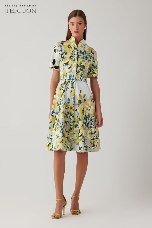 COTTON PRINT MANDARIN NECK SHIRTWAIST BELTED DRESS 26921