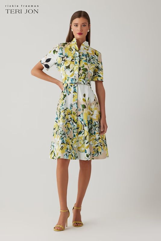 COTTON PRINT MANDARIN NECK SHIRTWAIST BELTED DRESS 26921