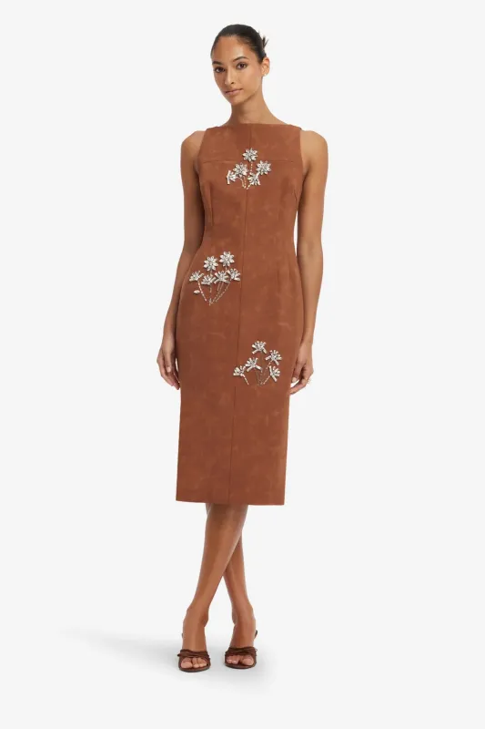 ELEANOR EMBELLISHED VEGAN SUEDE MIDI DRESS