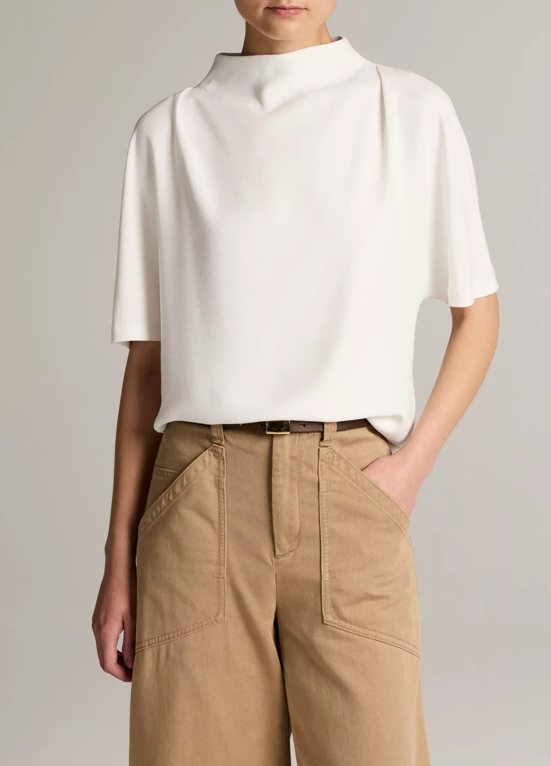 DRAPED CREPE FUNNEL-NECK TOP