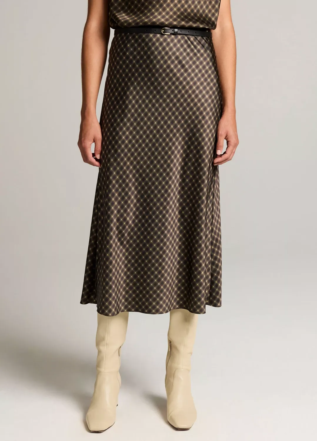 OMBRE PLAID LINGERIE-TRIM SATIN SLIP SKIRT