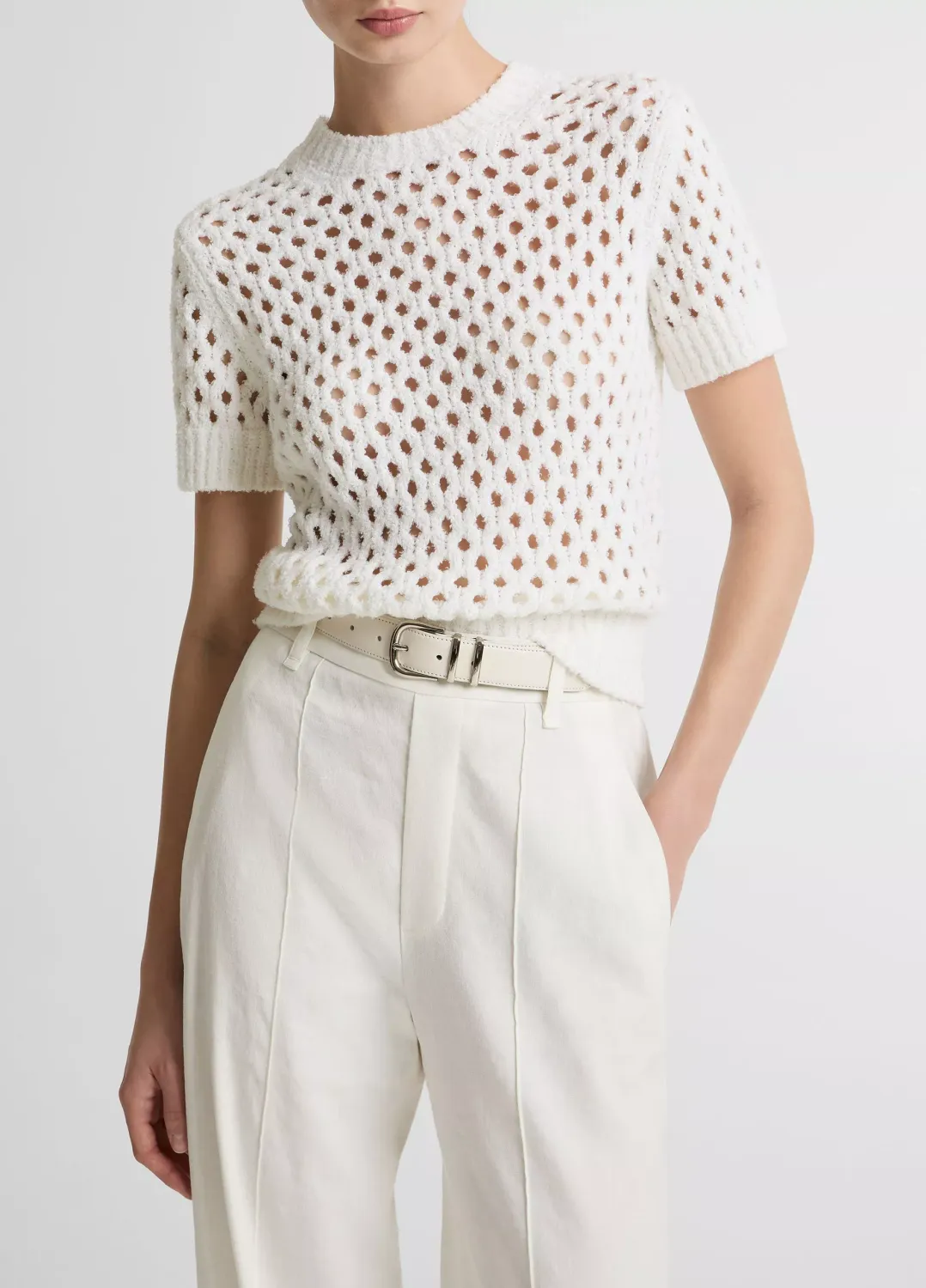 HONEYCOMB ITALIAN COTTON &amp; LINEN-BLEND SHORT-SLEEVE SWEATER