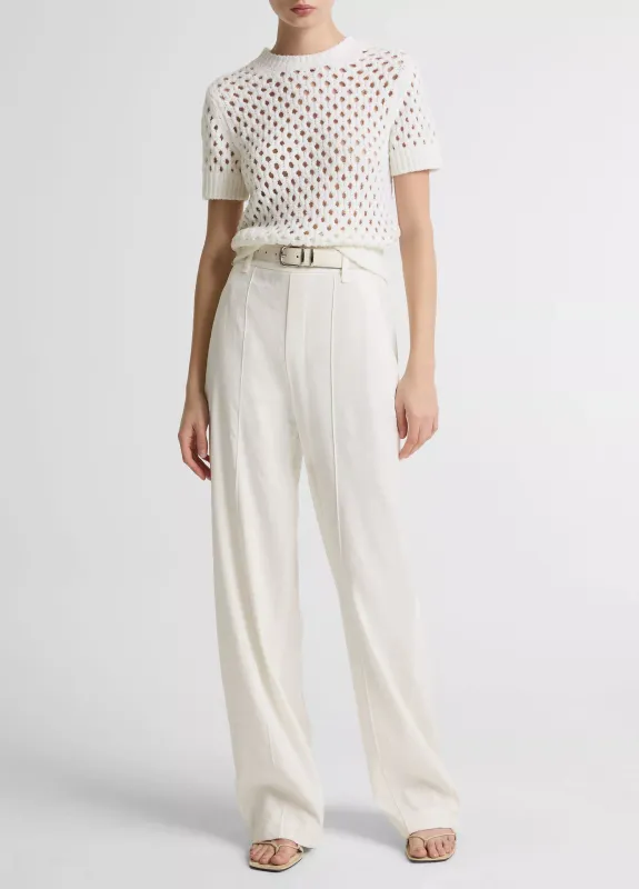HONEYCOMB ITALIAN COTTON &amp; LINEN-BLEND SHORT-SLEEVE SWEATER