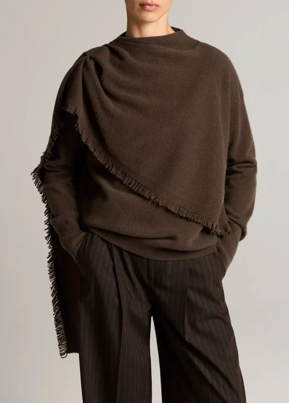 FRINGED DRAPED-SHAWL WOOL-CAHSMERE SWEATER