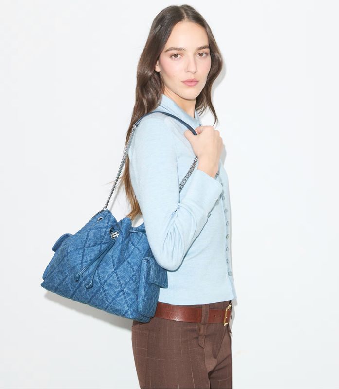 CHARLIE QUILTED DENIM DRAWSTRING SHOULDER BAG