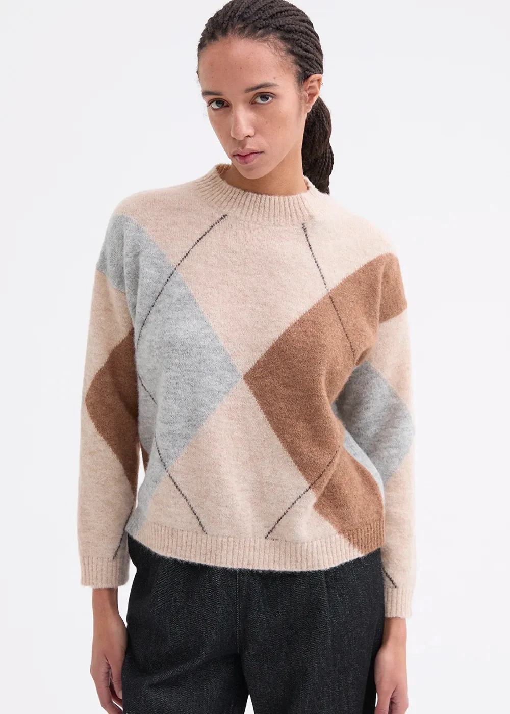 CREW-NECK SWEATER WITH DIAMOND PATTERN IN ALPACA