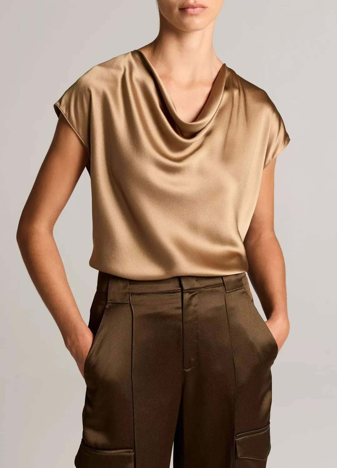 SILK COWL-NECK CAP SLEEVE BLOUSE