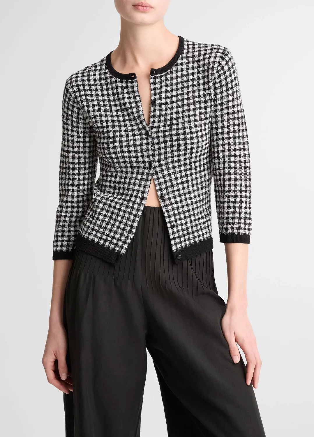 GINGHAM ITALIAN WOOL-BLEND 3/4 SLEEVE CARDIGAN