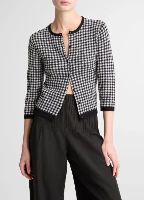 GINGHAM ITALIAN WOOL-BLEND 3/4 SLEEVE CARDIGAN