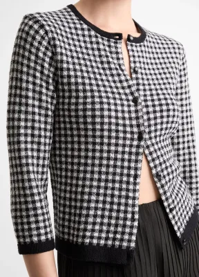GINGHAM ITALIAN WOOL-BLEND 3/4 SLEEVE CARDIGAN