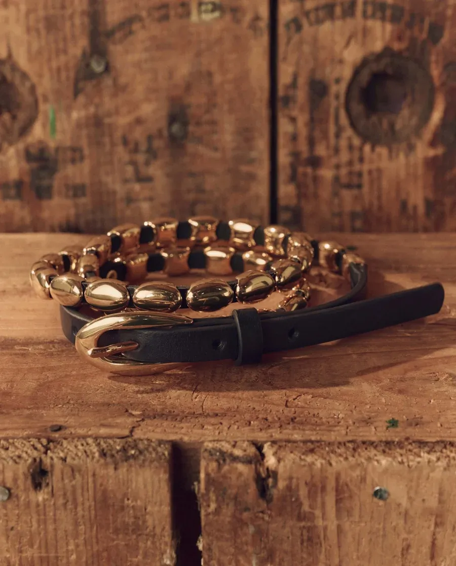 STETSON X THE GREAT- THE BEADED BELT, Color: BLACK WITH GOLD, Size: S