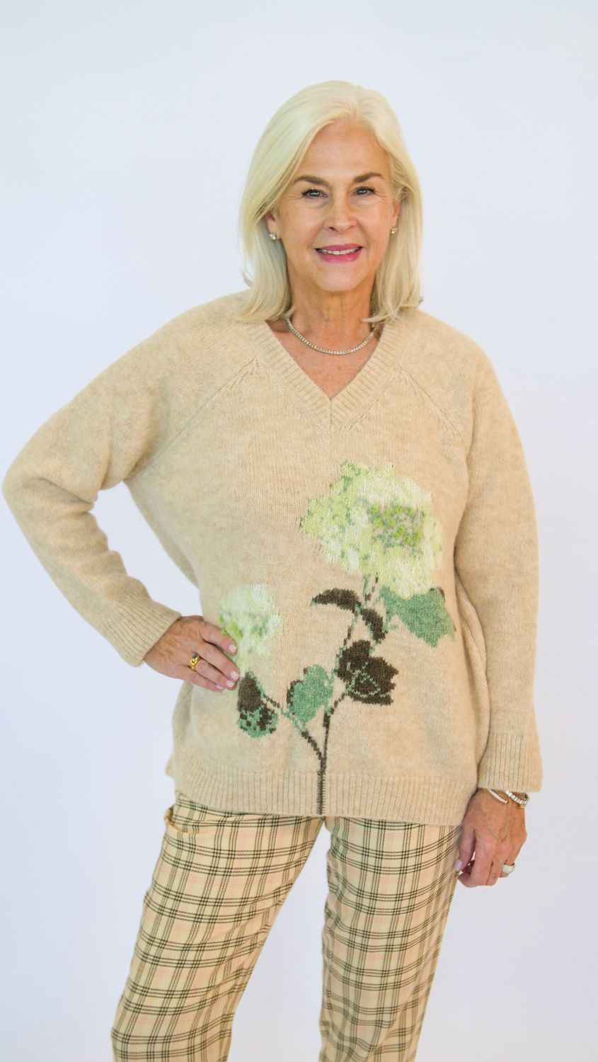 KANE SWEATER, Color: SOFT PINK HYDRANGEA INTARSIA ON CAMEL I75, Size: XS