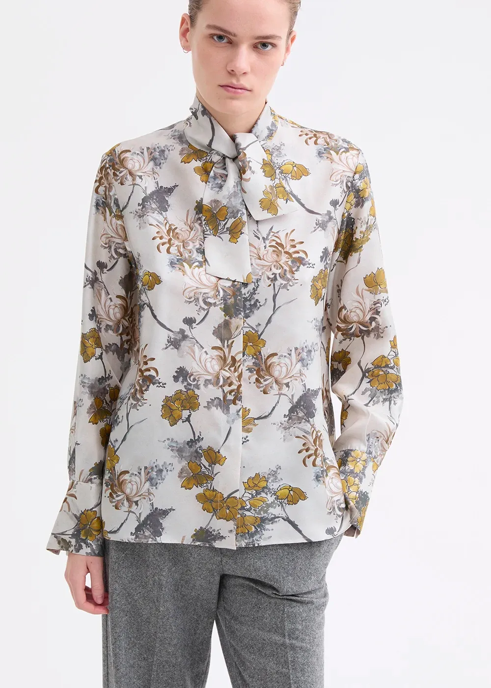 LONG-SLEEVE SILK SHIRT WITH TIE-NECK COLLAR