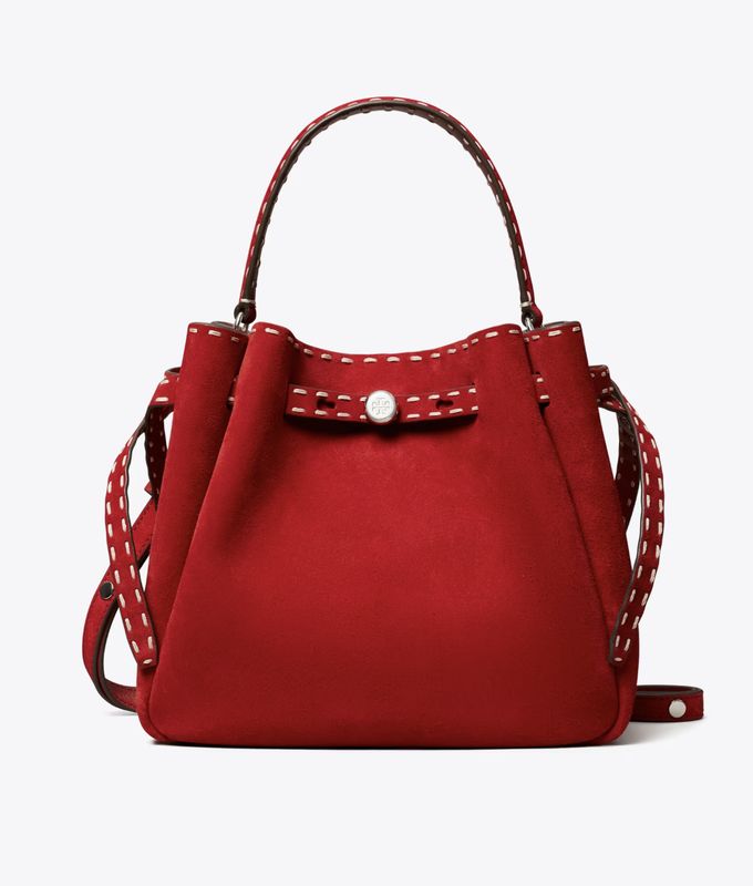 ROMY SUEDE PICK STITCH BUCKET BAG