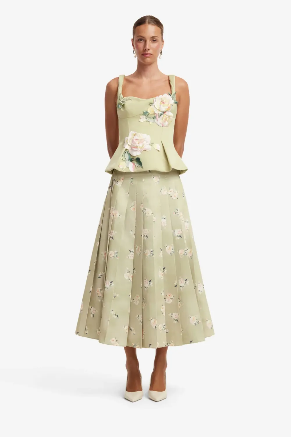 JUNE PLEATED MAXI SKIRT, Color: PISTACHIO ROSE PRINT, Size: AU 8/US 4