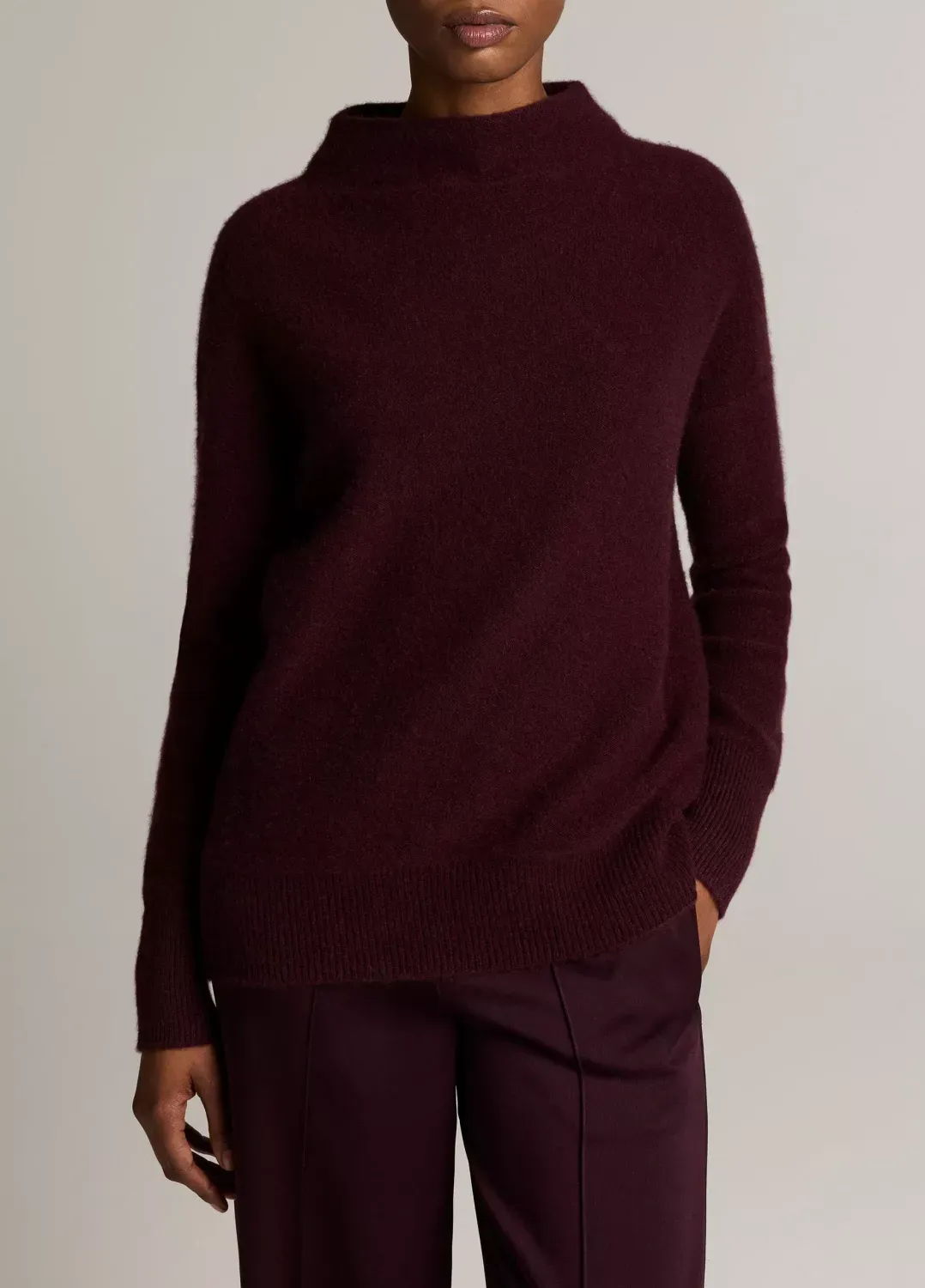 PLUSH CASHMERE FUNNEL NECK SWEATER, Color: BLACKBERRY, Size: XS