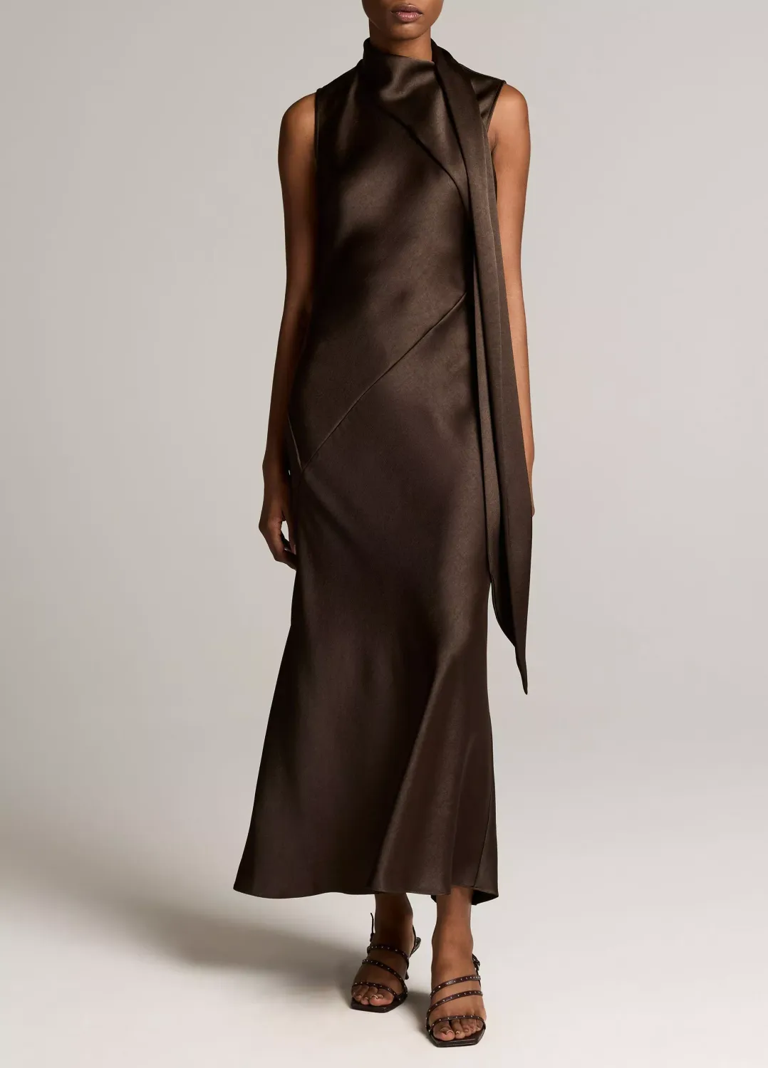 SATIN SCARF-NECK SLEEVELESS DRESS