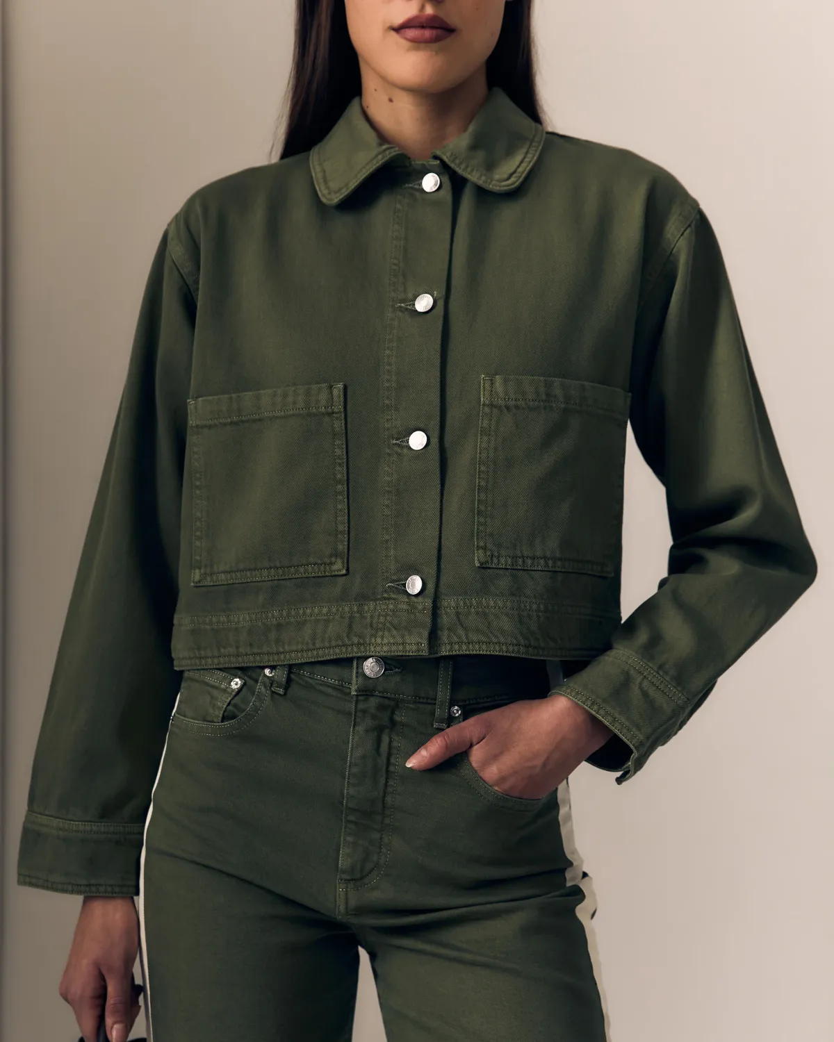 CORA DENIM JACKET, Color: OLIVE GREEN, Size: XS