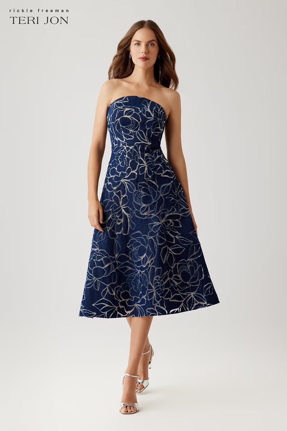 DENIM BURNOUT STRAPLESS TEA LENGTH DRESS 266273