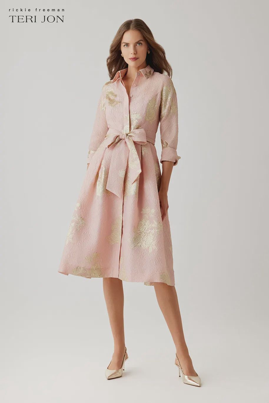 METALLIC FLORAL JACQUARD SHIRT WAIST DRESS 266271
