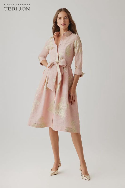 METALLIC FLORAL JACQUARD SHIRT WAIST DRESS 266271