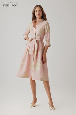 METALLIC FLORAL JACQUARD SHIRT WAIST DRESS 266271