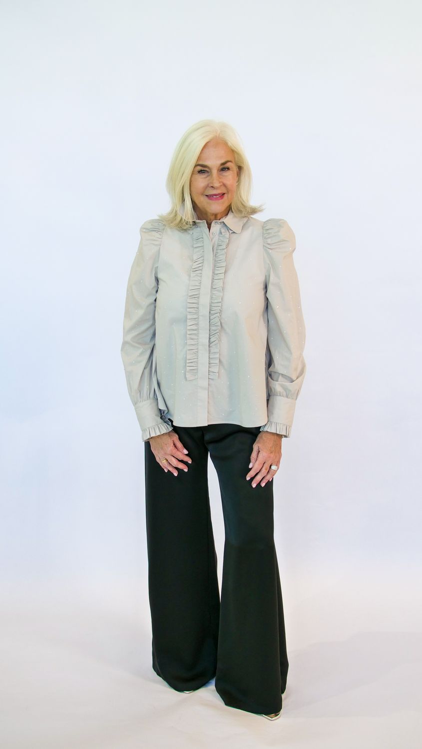 PUFF SLEEVE CRYSTAL EMBELLISHED BUTTON DOWN