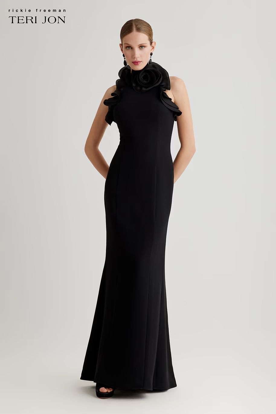 STRETCH CREPE RUFFLED HALTER GOWN