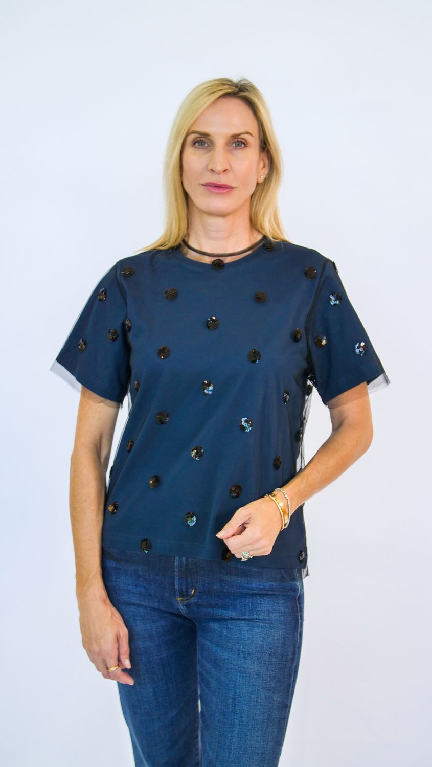 EMBELLISHED SHEER OVERLAY TSHIRT