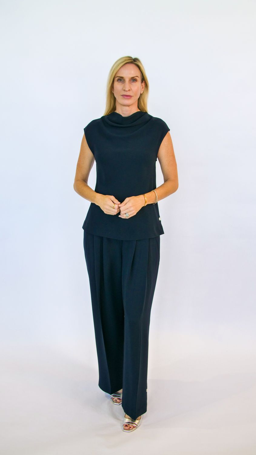 NAVY CAP SLEEVE COWL NECK TOP