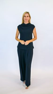 NAVY CAP SLEEVE COWL NECK TOP