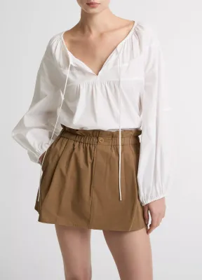SHIRRED COTTON TIE-NECK BLOUSE - TS