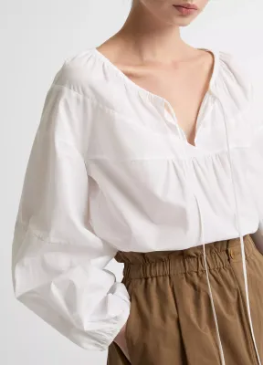 SHIRRED COTTON TIE-NECK BLOUSE - TS