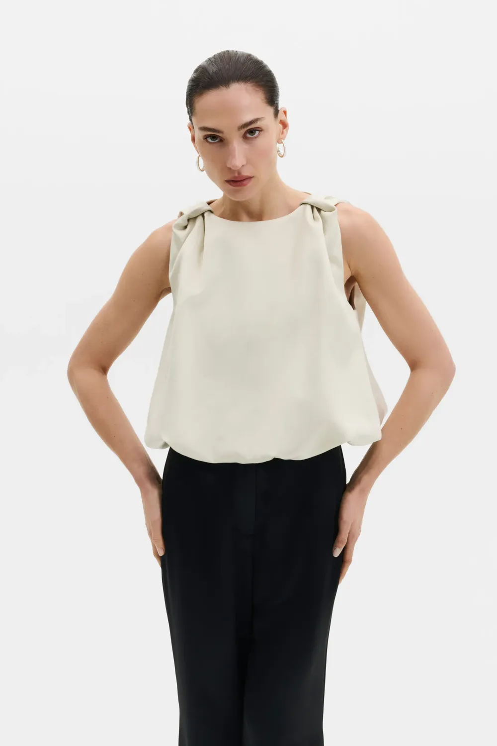 VALENTINA SLEEVELESS KNOTTED SHOULDER SATIN TOP