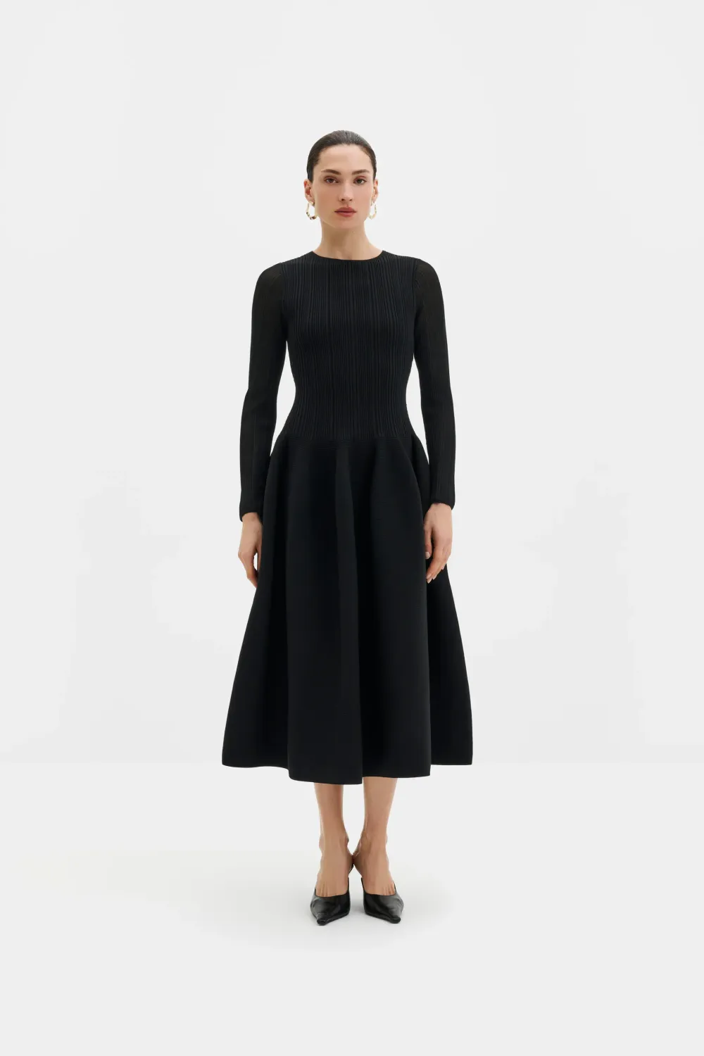 ELONA LONG SLEEVED MIDI DRESS WITH VOLUMINOUS SKIRT