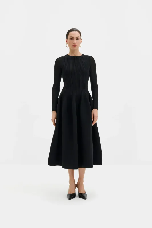 ELONA LONG SLEEVED MIDI DRESS WITH VOLUMINOUS SKIRT