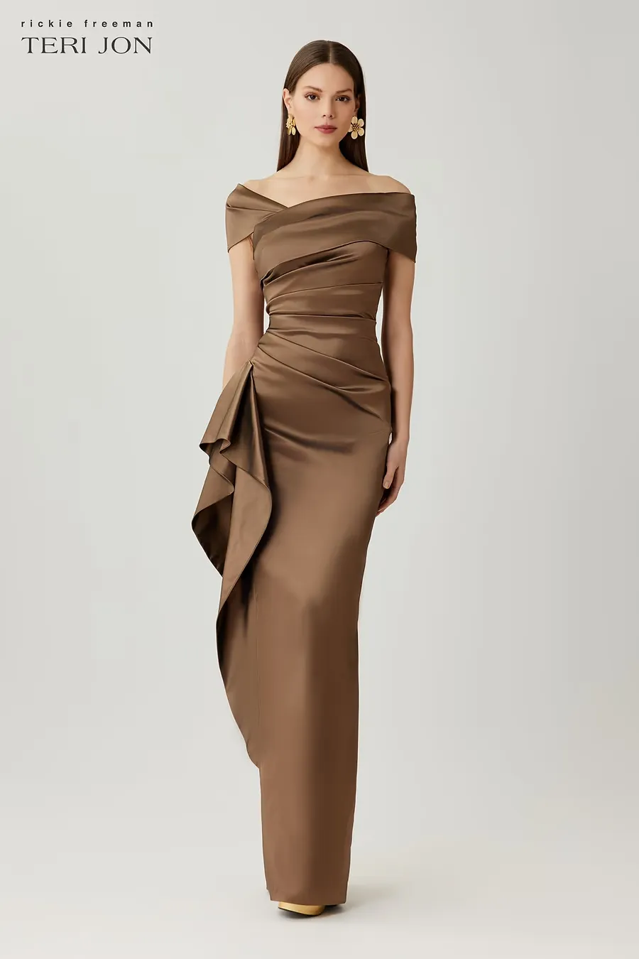 STRETCH TAFFETA OFF THE SHOULDER SIDE RUFFLE GOWN 267008