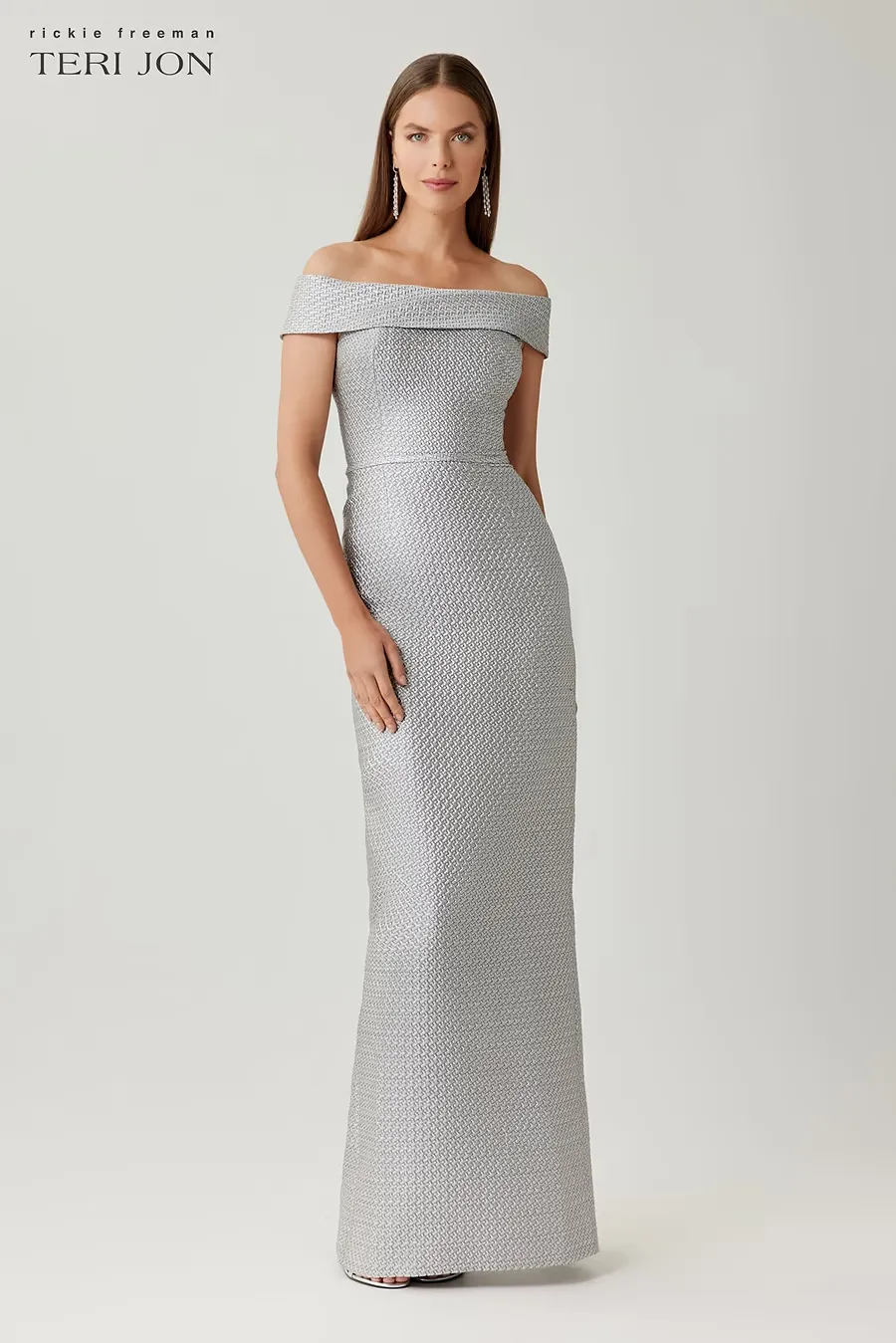 BASKET WEAVE JACQUARD OFF THE SHOULDER GOWN 267084