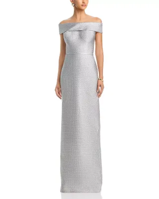 BASKET WEAVE JACQUARD OFF THE SHOULDER GOWN 267084