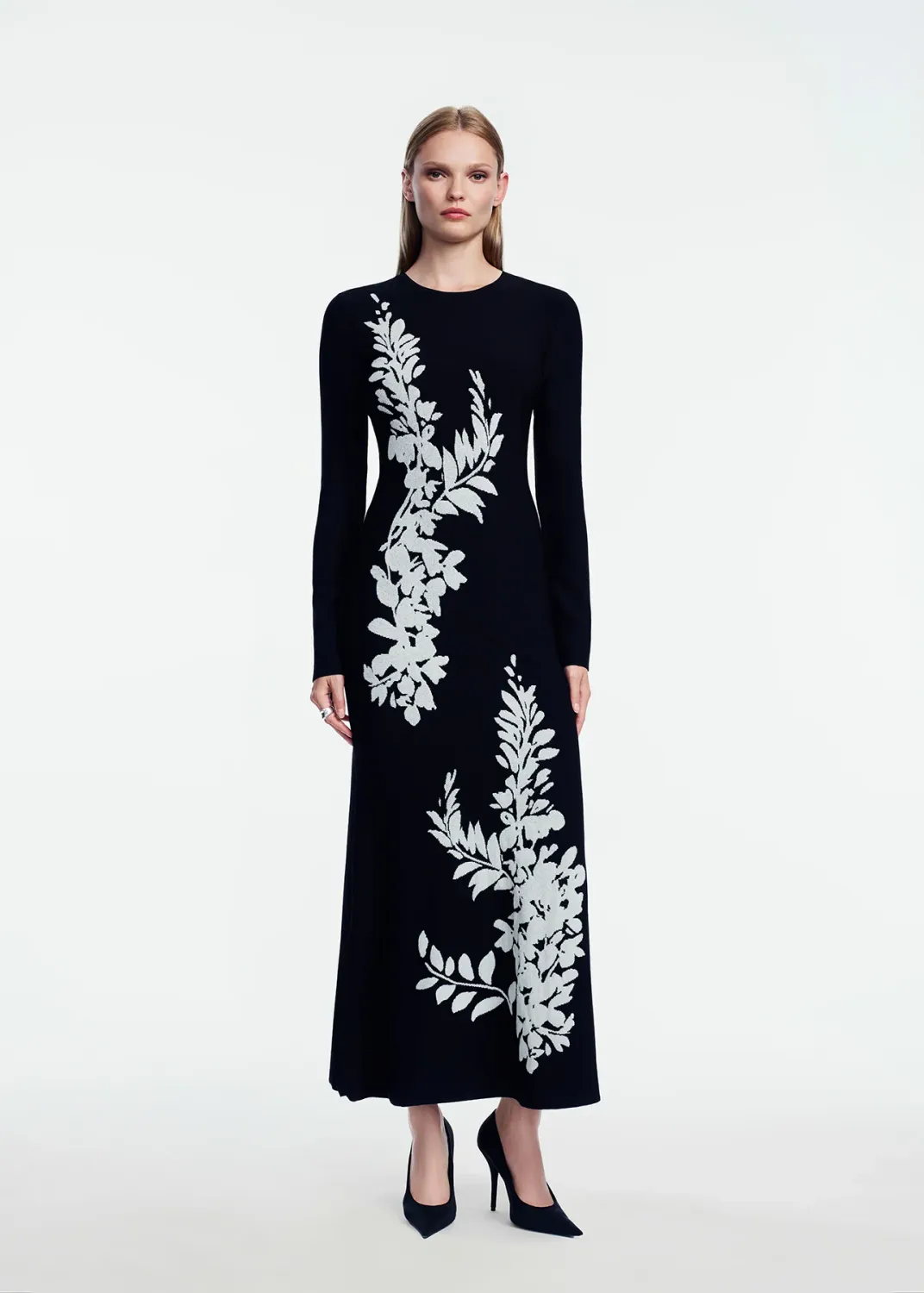 VELVET JACQUARD KNIT TRUMPET DRESS