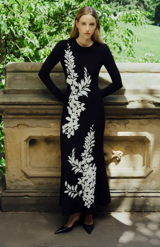 VELVET JACQUARD KNIT TRUMPET DRESS