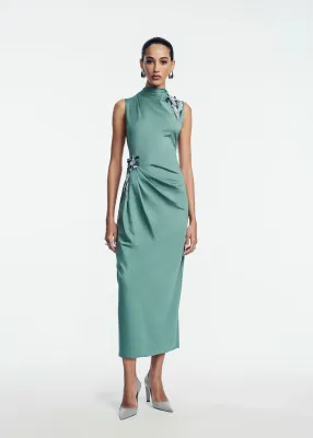 3D METALLIC EMBROIDERED SATIN JERSEY COLUMN DRESS