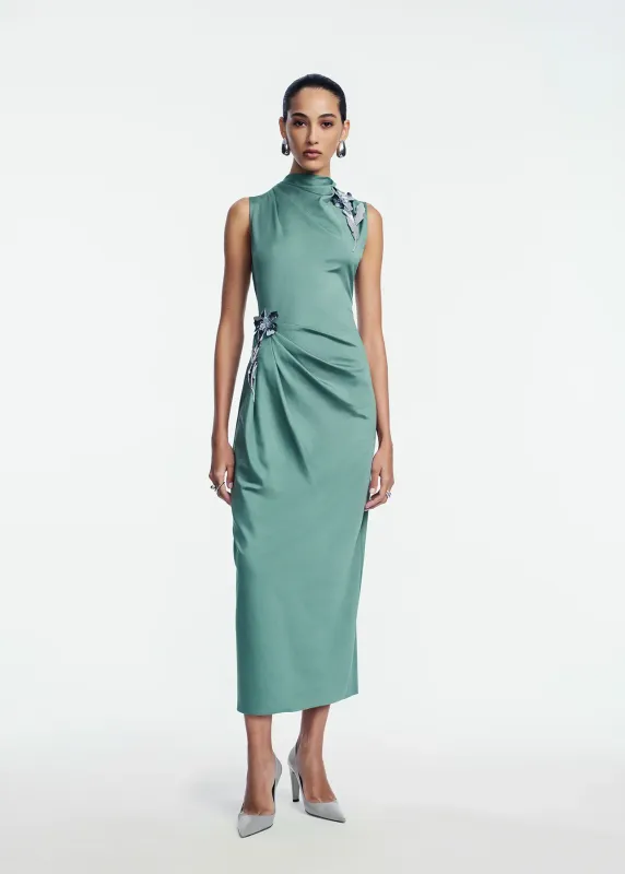 3D METALLIC EMBROIDERED SATIN JERSEY COLUMN DRESS