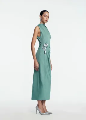 3D METALLIC EMBROIDERED SATIN JERSEY COLUMN DRESS