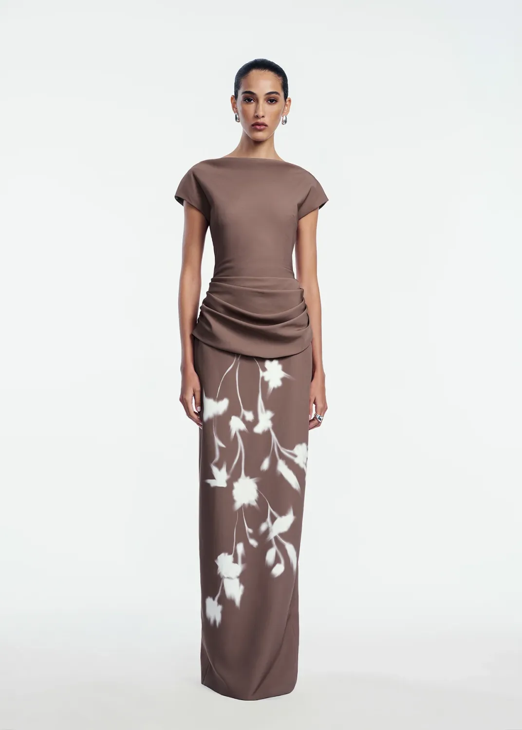 FLORAL CREPE BOAT NECK GOWN
