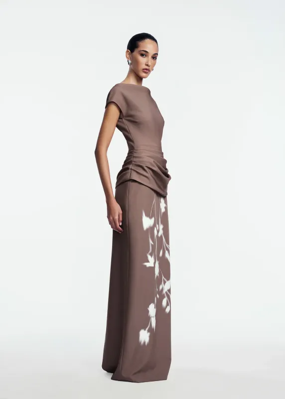 FLORAL CREPE BOAT NECK GOWN