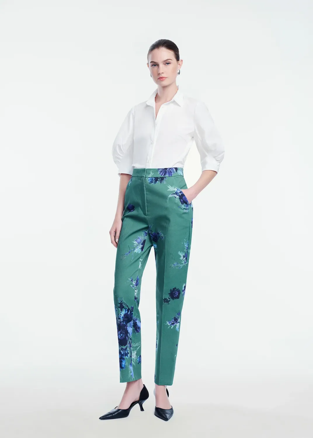 COTTON POPLIN SHIRRED SLEEVE SHIRT