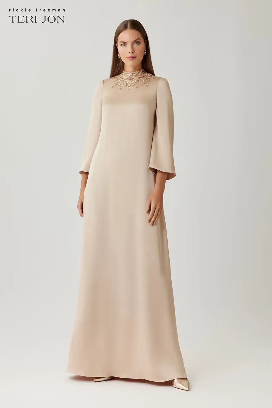 SATIN BEADED COLLAR FLARE SLEEVE GOWN 267088