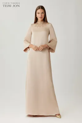 SATIN BEADED COLLAR FLARE SLEEVE GOWN 267088